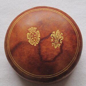 unique small Round Trinket Box w/ gold emblems- 2.25" wide